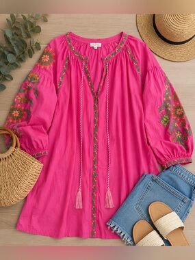 Velzera Embroidered Boho Dress 100% Cotton Tassel Tie Anthropologie Style 1XL